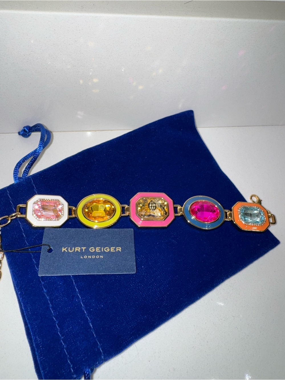 Kurt Geiger Multicolored Gemstone Crystal Link Statement Bracelet NWT
